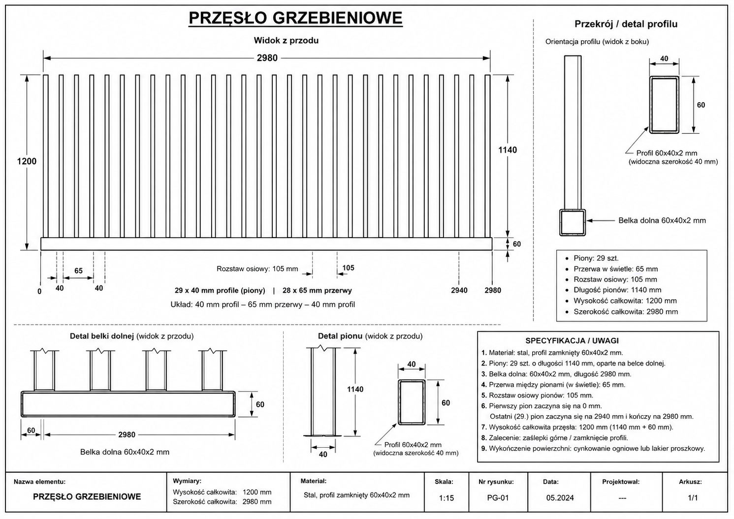 Rysunek techniczny przęsła grzebieniowego